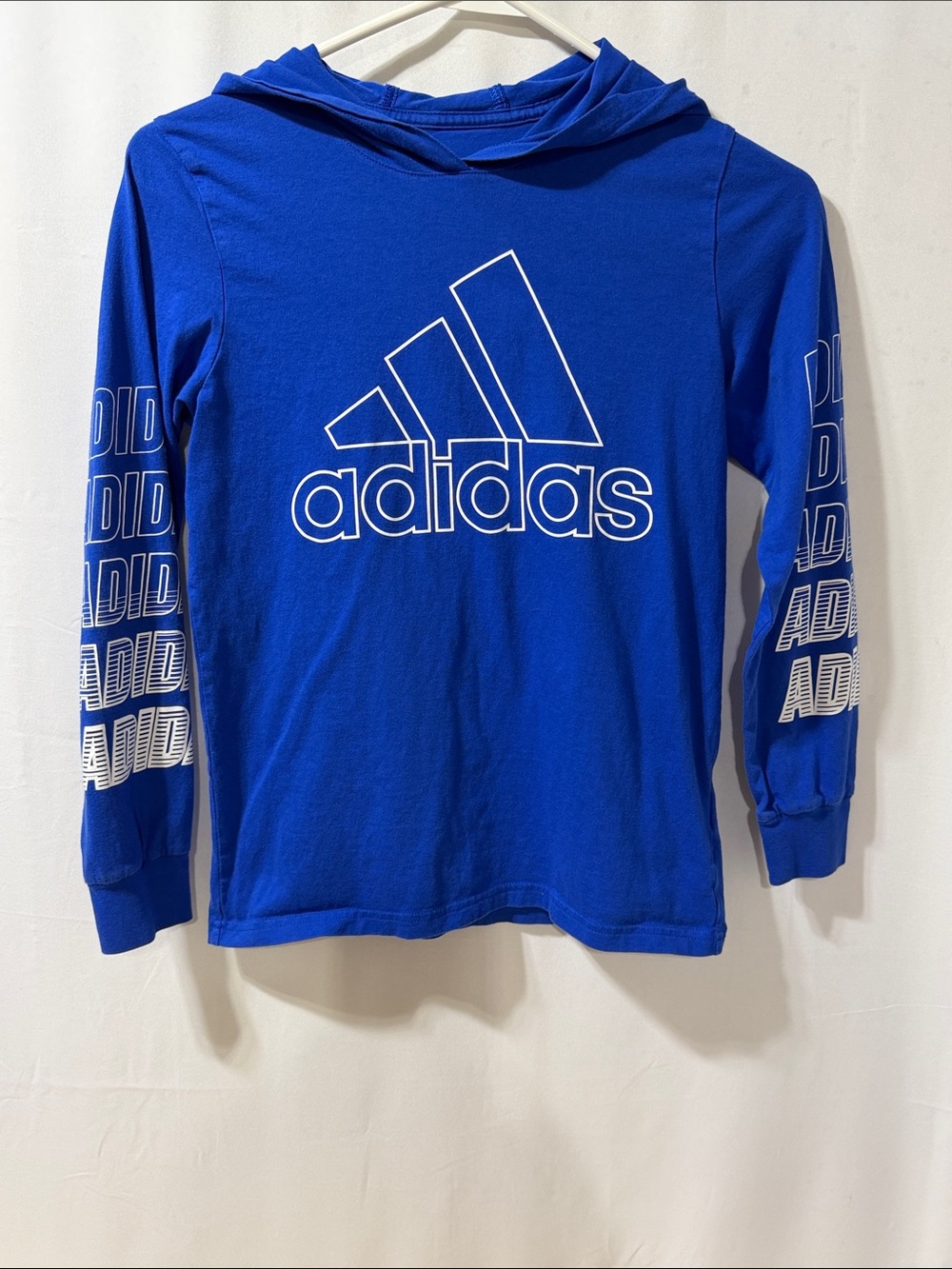 adidas Blue Hooded Long Sleeve Tee with White Logo